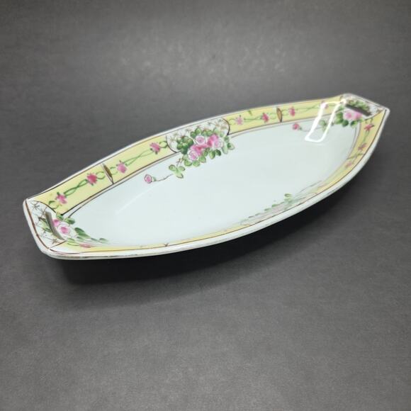 Nippon Hand Painted Celery Dish Pink Floral Porcelain 11in Chintz - Picture 2 of 16